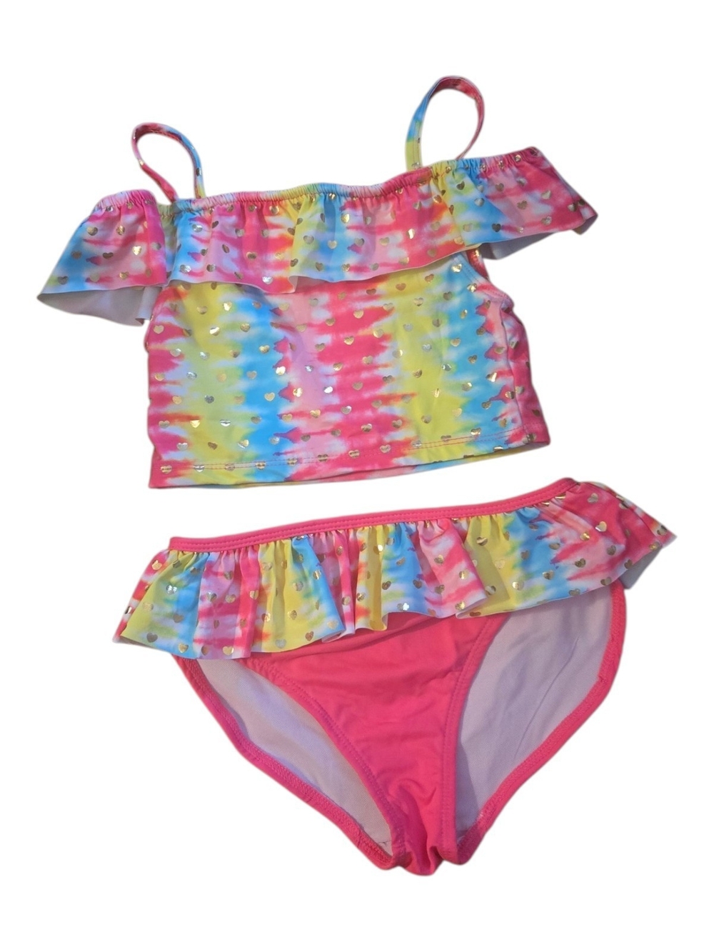 George Pink Rainbow Ruffle Tankini with Gold Heart Accents